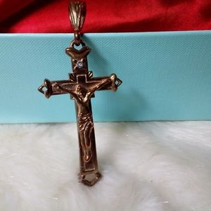 MEN'S SIMULATED DIAMOND CROSS PENDANT BRASS-TONE 3"